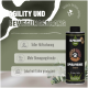 Eine Flasche ALPHAZOO Care Playful Spirit Oil für Hunde und Katzen, mit Text, der Agilität, Bewegungsfreude und lokale Produktion hervorhebt.