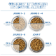 Quatre bols de nourriture pour animaux montrant l'introduction progressive de la nouvelle nourriture : 25 %, 50 %, 75 % et 100 % sur sept jours.