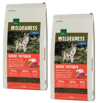 Zwei 12 kg Säcke Real Nature Wilderness Hundefutter "Great Outback," mit Wolfsmotiven, 70% Fleisch, 30% Früchte/Gemüse, ohne Getreide.