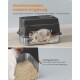 Graue überdachte Katzenstreu-Box mit klarem Unterteil und weiß-brauner Katze; deutscher Text 'Glückliche Katzen, saubere Umgebung'