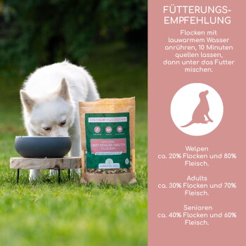 Eine Tüte mit 3-in-1 BARF-Flockenmischung für Haustiere, beschriftet mit "Natural Obst Gemüse Kräuter Flocken", steht neben einer Schüssel auf Gras.