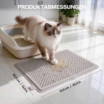 Ragdoll-Katze auf grauer streufangender Matte neben der Katzentoilette; Text 'PRODUKTABMESSUNGEN' und Maße 34,4 cm/13,5 in, 51,5 cm/20,2 in.