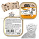 DOGS'n TIGER „Frohsinn“ Nassfutter mit Geflügel, Hühnerherzen & Kürbis, 100 g – 70 % Geflügel, gekennzeichnete Schale und Katzenabbildung.