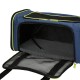 Blue pet carrier bag with a soft gray fleece interior, featuring a zippered top and mesh panels for ventilation.