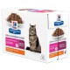 Verpackung von Hill's Prescription Diet Gastrointestinal Biome Katzenfutter mit einer getigerten Katze, beschriftet mit "Zarte Stücke in Soße mit Huhn," 12 Beutel.