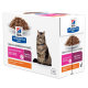 Verpackung von Hill's Prescription Diet Gastrointestinal Biome Katzenfutter mit einer getigerten Katze, beschriftet mit "Zarte Stücke in Soße mit Huhn," 12 Beutel.