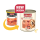 Zwei Dosen Animonda GranCarno Hundefutter, altes und neues Design, Rind + Huhn Geschmack, mit einem Golden Retriever auf der neuen Dose.