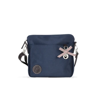 Marineblaue Haustierzubehör-Tasche mit Reißverschluss, mit einer dekorativen rot-weißen gestreiften Schleife und einem silbernen Glockenanhänger.