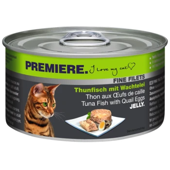 Boîte de nourriture pour chat avec un chat tigré sur l'étiquette, avec le texte indiquant 'Thunfisch mit Wachtelei' (Thon avec des œufs de caille) et 'JELLY.'