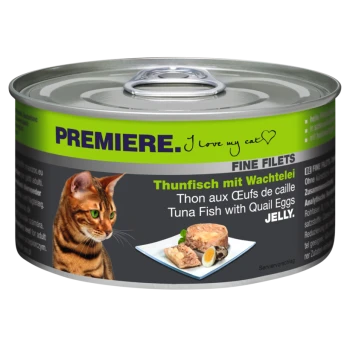 Katze Futterdose mit einer getigerten Katze auf dem Etikett, mit dem Text 'Thunfisch mit Wachtelei' und 'JELLY.'