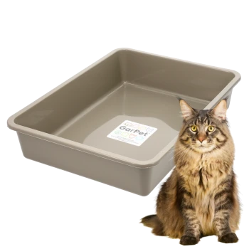 Beige rechteckige Katzentoilette mit Garpet-Aufkleber und einer langhaarigen, braun-getigerten Katze, die daneben sitzt