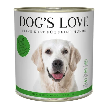 Hundefutter in Dosen von Dog's Love, mit einem grünen "WILD"-Etikett, mit Zutaten wie Wild, Kartoffeln, Pflaumen und Sellerie.