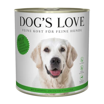 Hundefutter in Dosen von Dog's Love, mit einem grünen "WILD"-Etikett, mit Zutaten wie Wild, Kartoffeln, Pflaumen und Sellerie.