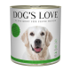 Hundefutter in Dosen von Dog's Love, mit einem grünen "WILD"-Etikett, mit Zutaten wie Wild, Kartoffeln, Pflaumen und Sellerie.