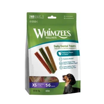 Zahnpflegesnacks Stix Hund Adult XS Whimzees Wellness Daily Dental Treats Beutel (XS Stix), 56 Leckerlis, reduziert Plaque und Zahnstein, Abbildung eines kleinen schwarz-braunen Hundes