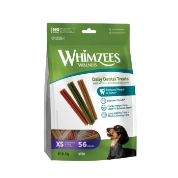 Sac de friandises dentaires quotidiennes Whimzees Wellness (bâtonnets XS), 56 friandises, réduit la plaque et le tartre, image d'un petit chien noir et feu