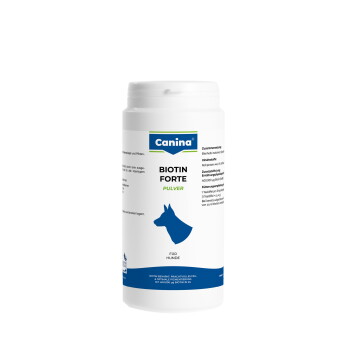 Weiße Canina Biotin Forte Pulverflasche für Hunde mit blauem Hundesilhouette und Aufschrift Für Hunde