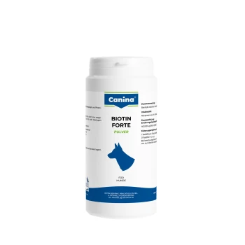 Weiße Canina Biotin Forte Pulverflasche für Hunde mit blauem Hundesilhouette und Aufschrift Für Hunde