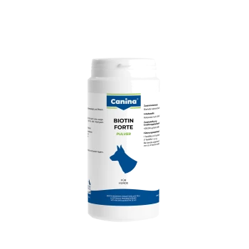 Weiße Canina Biotin Forte Pulverflasche für Hunde mit blauem Hundesilhouette und Aufschrift Für Hunde