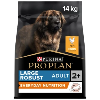 Purina Pro Plan Large Robust Adult Hundefutter, 14 kg Sack, mit einem großen Hundebild und den Etiketten "Everyday Nutrition" und "No. 1 Chicken."