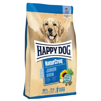 Happy Dog NaturCroq Junior Hundefutterbeutel mit einem blauen und beigen Design, mit dem Text, der angibt, dass es für Welpen ab 2 Monaten geeignet ist.