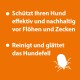 Oranger Hintergrund mit weißem Text: "Schützt Ihren Hund vor Flöhen und Zecken" und "Reinigt und glättet das Hundefell," plus einer Zeckenillustration.