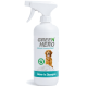 Weiße Sprühflasche mit der Aufschrift "GREEN HERO" mit "Nature Knows Best" und "Leave-In Shampoo", mit einem Golden Retriever und einem grünen Symbol.