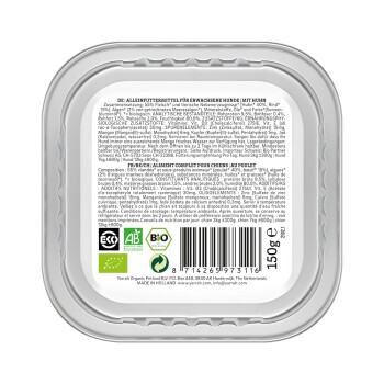 Biologische hondenvoedselcontainer met kip, met ingrediënten in het Duits en Frans, waaronder vlees, algen en vitamines. 150g.