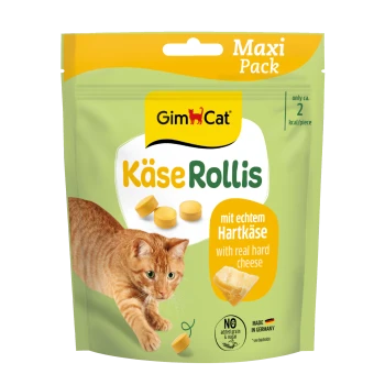 GimCat KäseRollis Pack Katzensnack-Tüte, orangefarbene Katze und Käsestücke, Text 'mit echtem Hartkäse/with real hard cheese'.