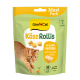 GimCat KäseRollis Pack Katzensnack-Tüte, orangefarbene Katze und Käsestücke, Text 'mit echtem Hartkäse/with real hard cheese'.
