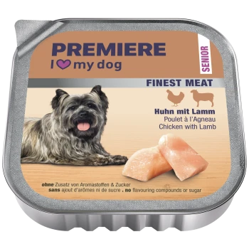 Voerbakje met label 'PREMIERE I ♥ my dog', 'FINEST MEAT' 'SENIOR', met een ruwharige hond en kip met lamsstukjes