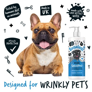 Ein lächelnder Französischer Bulldogge sitzt neben einer Flasche Bugalugs Wrinkle Shampoo, gekennzeichnet mit "Entwickelt für FALTENHUNDE", und hebt seine Vorteile hervor.