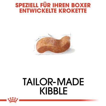 Bild eines Kibble-Stücks mit dem Text "TAILOR-MADE KIBBLE" und einem deutschen Satz, der besagt: "SPEZIELL FÜR IHREN BOXER ENTWICKELTE KROKETTE."