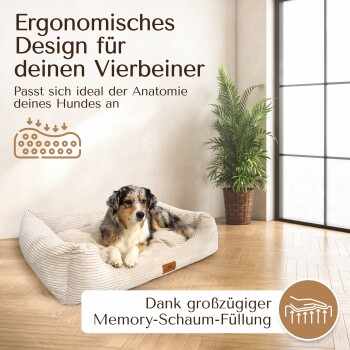 Ergonomisches Hundebett mit Memory-Schaum, gemütlichem gestreiften Stoff und einem ruhenden Hund. Deutscher Text betont die anatomische Passform.