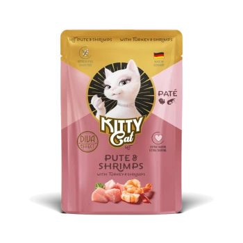 Kitty Cat Pâté Katzenfutterbeutel mit Truthahn und Garnelen, getreidefrei, hergestellt in Deutschland, extra Taurin, 85g.