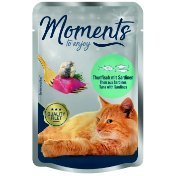 Pouch of cat food labeled "Moments to enjoy," featuring tuna with sardines, a fork with a piece of fish, and an orange cat.