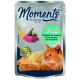 Pochette de nourriture pour chat étiquetée "Moments à savourer," présentant du thon avec des sardines, une fourchette avec un morceau de poisson, et un chat orange.