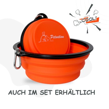 Zusammenklappbare orange Haustierschüssel mit einem Deckel, mit dem Logo "Petsation" und dem Text "AUCH IM SET ERHÄLTLICH" darunter.