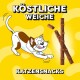 Eine Cartoon-Katze mit einem weißen und braunen Fell greift nach drei Leckerlis auf einem hellgelben Hintergrund mit dem Text "Köstliche Weiche Katzensnacks."