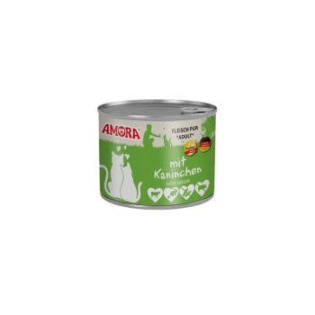 Dose AMORA Katzenfutter für Erwachsene, grünes Etikett mit zwei weißen Katzensilhouetten und Text 'mit Kaninchen / with rabbit'.