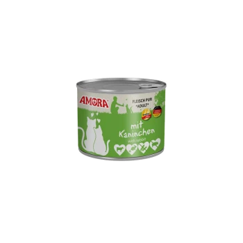 Dose AMORA Katzenfutter für Erwachsene, grünes Etikett mit zwei weißen Katzensilhouetten und Text 'mit Kaninchen / with rabbit'.