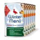 Dosen mit "Winter Menü" Hundefutter, das Bio-Ente, Kürbis und Süßkartoffel enthält, gekennzeichnet als glutenfrei und laktosefrei.