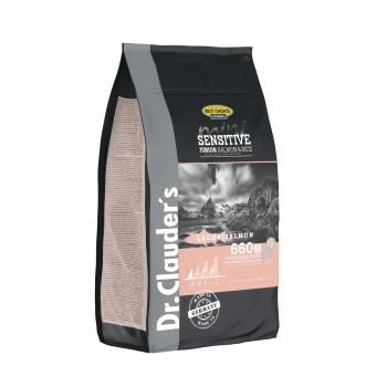 Schwarze und graue Tüte von Dr. Clauder's Sensitive Junior Lachs & Reis Hundefutter mit "Best Choice"-Label und "Made in Germany"-Siegel.