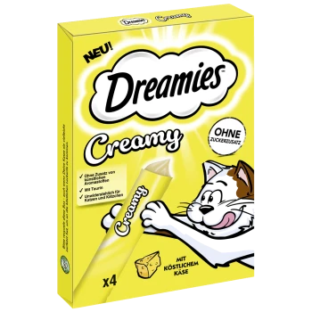 Gelbe Dreamies Creamy Katzensnack-Schachtel mit Cartoon-Katze und Tube; sichtbarer Text: Dreamies, Creamy, OHNE ZUCKERZUSATZ, x4.