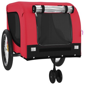 Roter Haustieranhänger mit schwarzem Boden, mit einem Netzfenster und einem reflektierenden Überrollbügel, entworfen für den sicheren Transport von Haustieren.