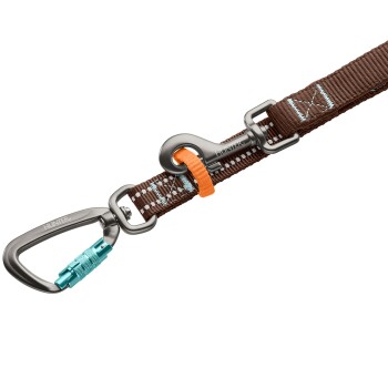 Braune Nylon-Hundeleine mit hellblauer Naht, orangefarbener Schlaufe, gunmetalfarbener Klammer und türkisfarbenem Schraubkarabiner mit 'HUNTER'-Gravur.