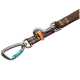 Braune Nylon-Hundeleine mit hellblauer Naht, orangefarbener Schlaufe, gunmetalfarbener Klammer und türkisfarbenem Schraubkarabiner mit 'HUNTER'-Gravur.