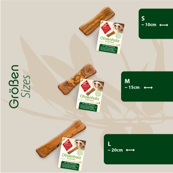 Bild von drei Größen von Olivenholz-Hundekauartikeln, beschriftet S (10cm), M (15cm) und L (20cm) mit sichtbaren Verpackungsdetails.