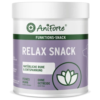 AniForte Relax Snackbehälter für Haustiere, mit einem lila Etikett, das "NATÜRLICHE RUHE & ENTSPANNUNG" für natürliche Gelassenheit angibt.