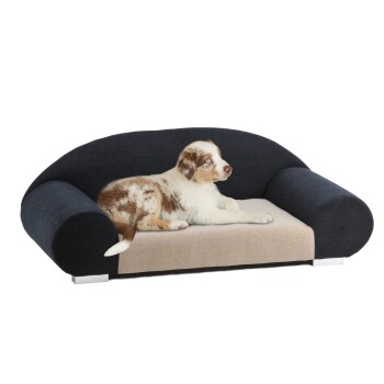 Ein komfortables Hundesofa mit einer dunkelblauen Rückenlehne und Armen sowie einem beigen Sitzbereich, besetzt von einem entspannten braun-weißen Welpen.